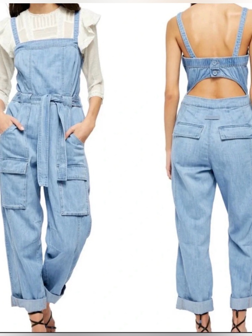 Free People Go West Denim Cargo Jumpsuit with Waist Ties - Cotton & Linen